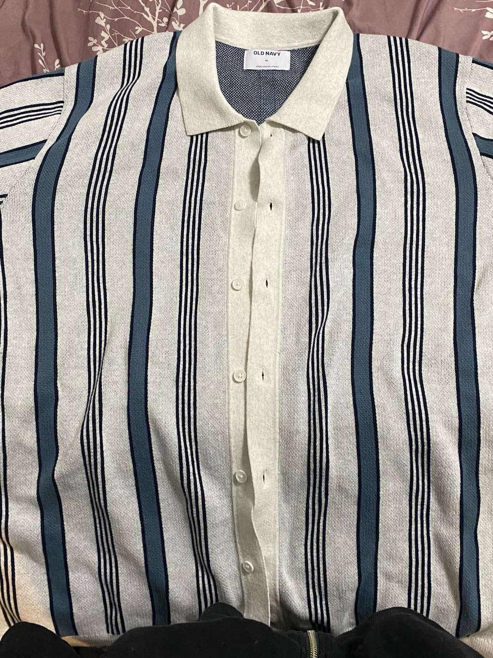 Old Navy Cream Polo Shirt with Blue & Navy Vertical Stripes